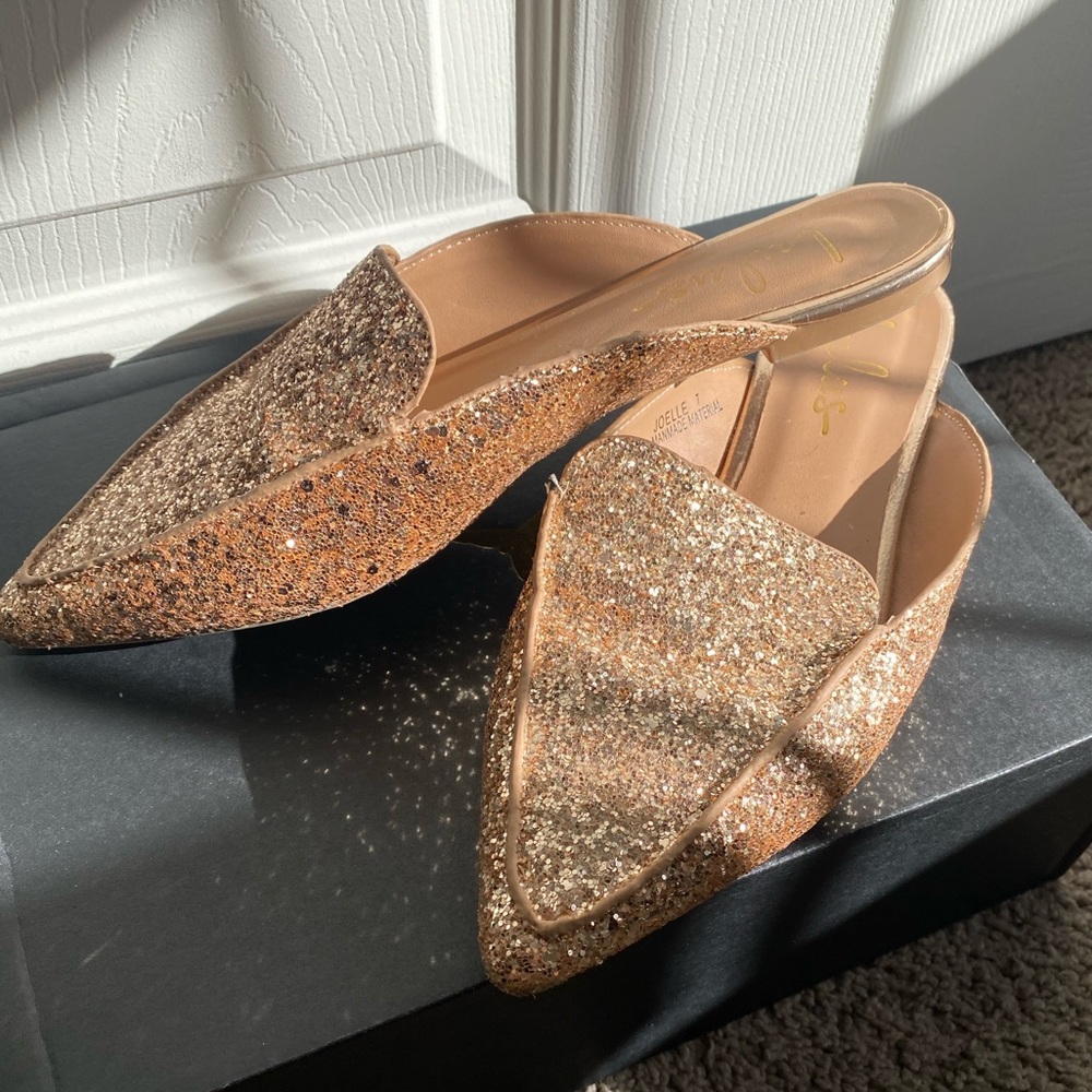 Rose gold sparkle slip on mules